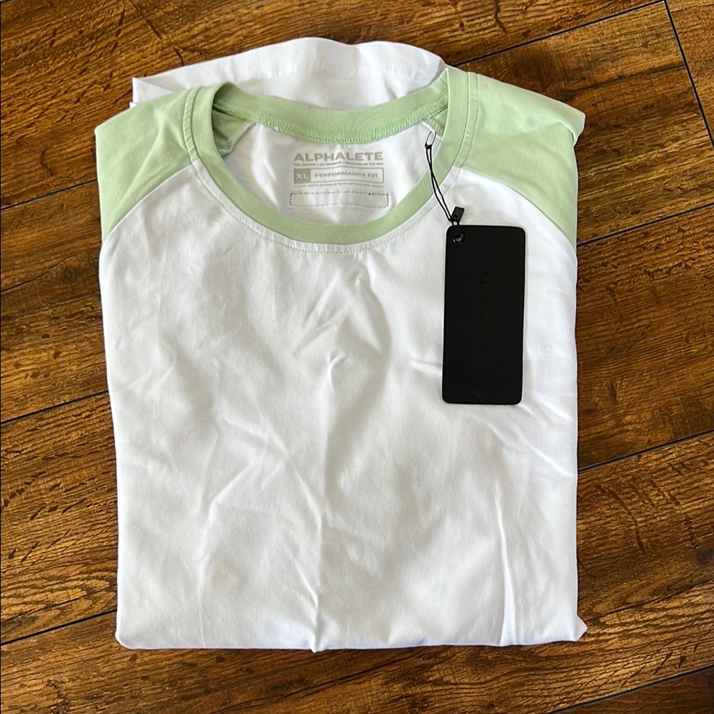 Alphalete White and Green Short Sleeve Tees